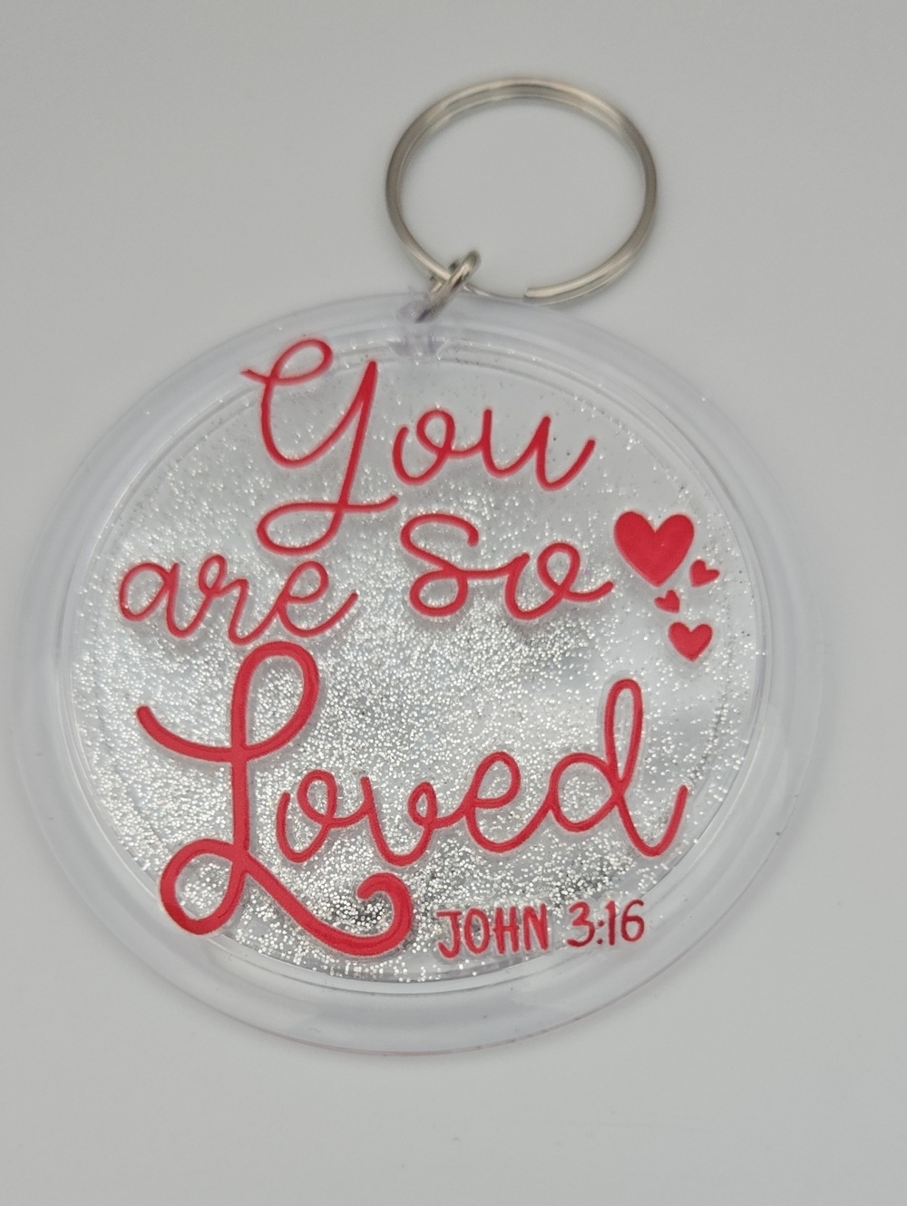 You Are So Loved Keychain - Red Script on Silver Glitter